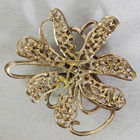 Vintage Gold AB Brown Crystal Flower Pin Brooch - Picture 7 of 9